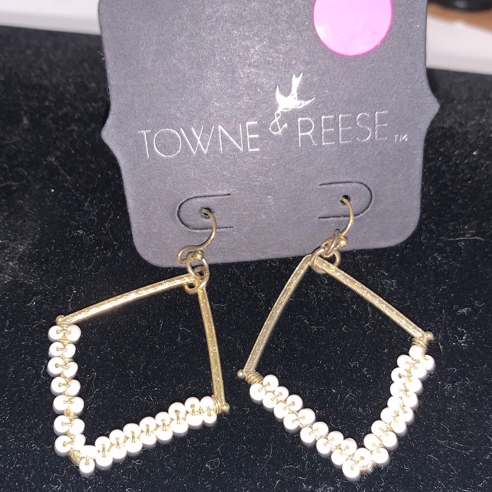 Towne & Reese Gold Tone & White Beaded Drop Earrings